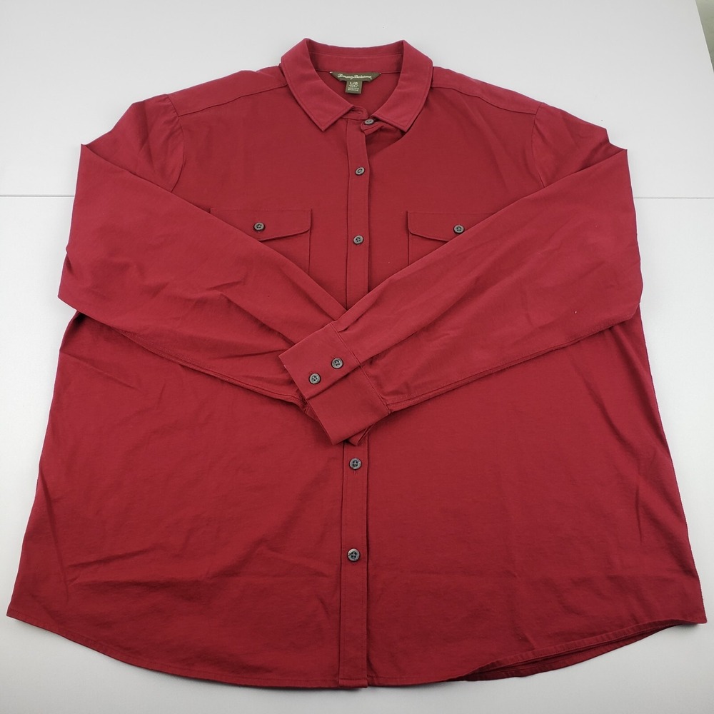 Tommy Bahama Blouse Women's Large Burgundy Long Sleeve Stretch Button Shirt